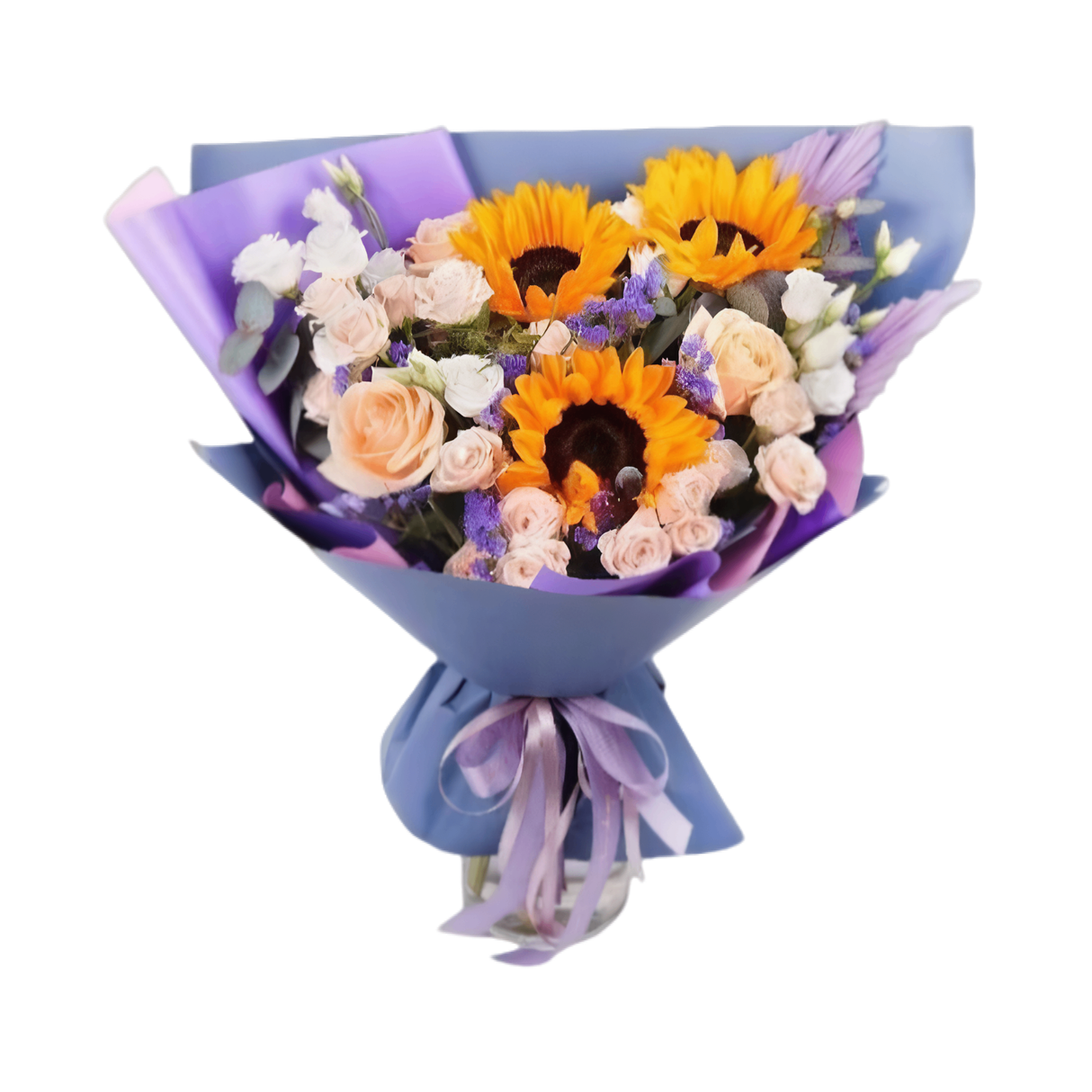 Sunny day (3 sunflowers with pink roses)