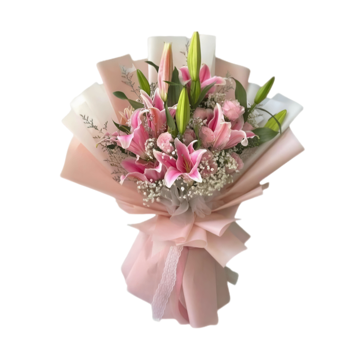 Lilies love (5 pink flowers with 3-4 pink lilies)