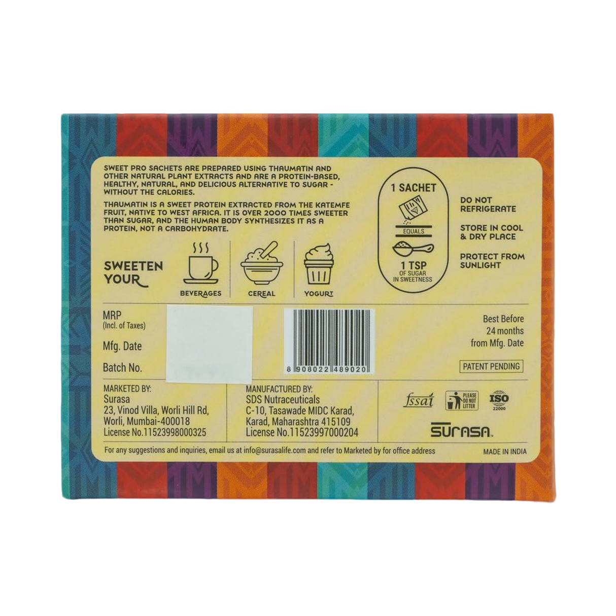 SURASA SweetPro Sugar-Free Natural Sweetener | 1g x 50 sachets