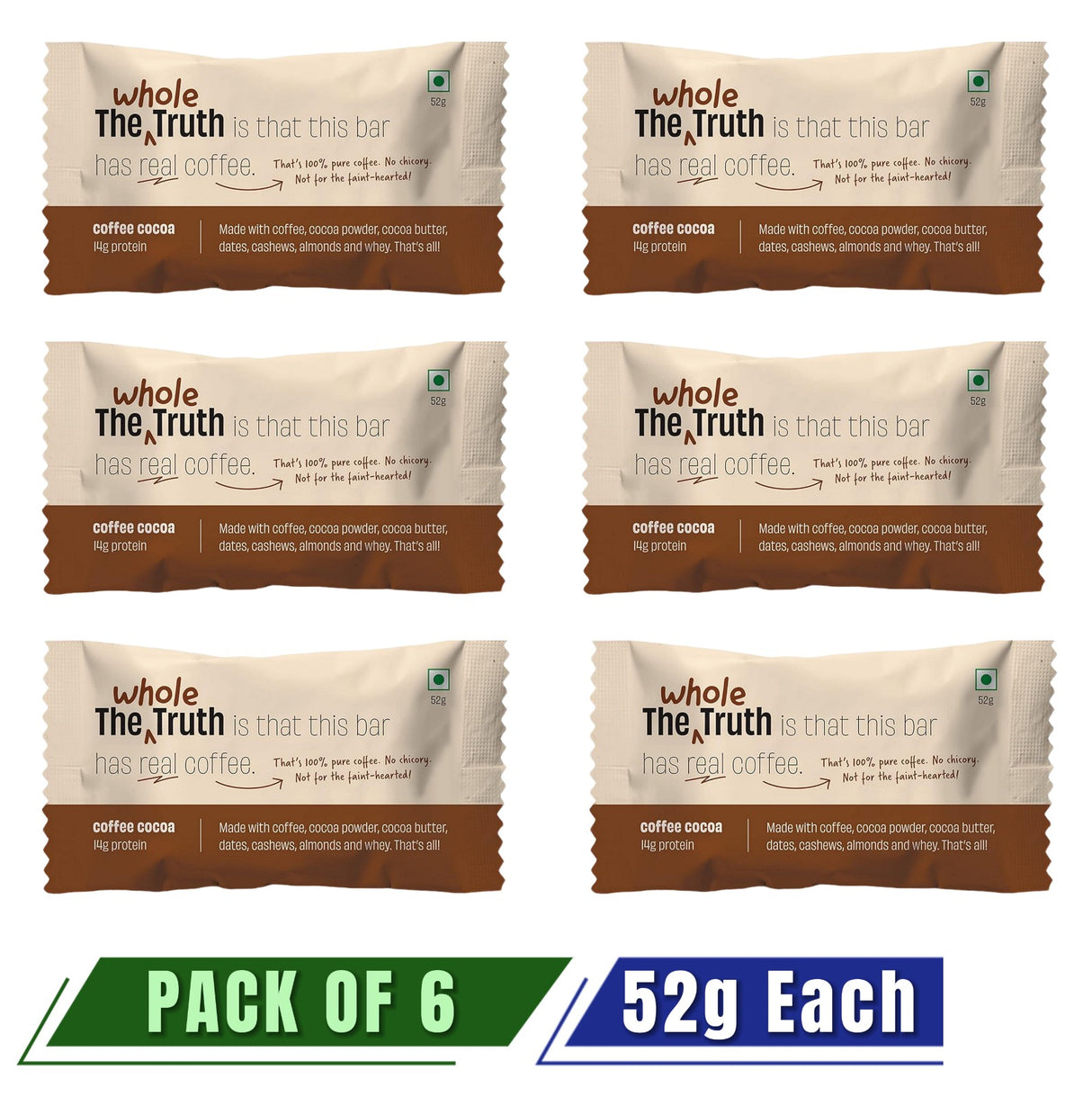 WHOLE TRUTH Coffee Cocoa Protein Bar - Pack of 6